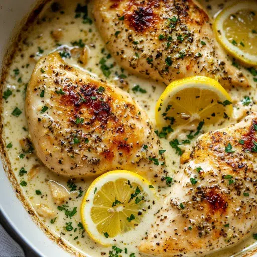 Creamy lemon pepper chicken breasts simmered in a rich garlic cream sauce with fresh lemon slices and chopped parsley.