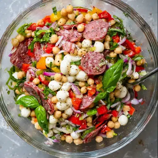 Overhead view of Italian grinder bean salad with chickpeas, salami, mozzarella, peppers, red onion, and fresh basil.