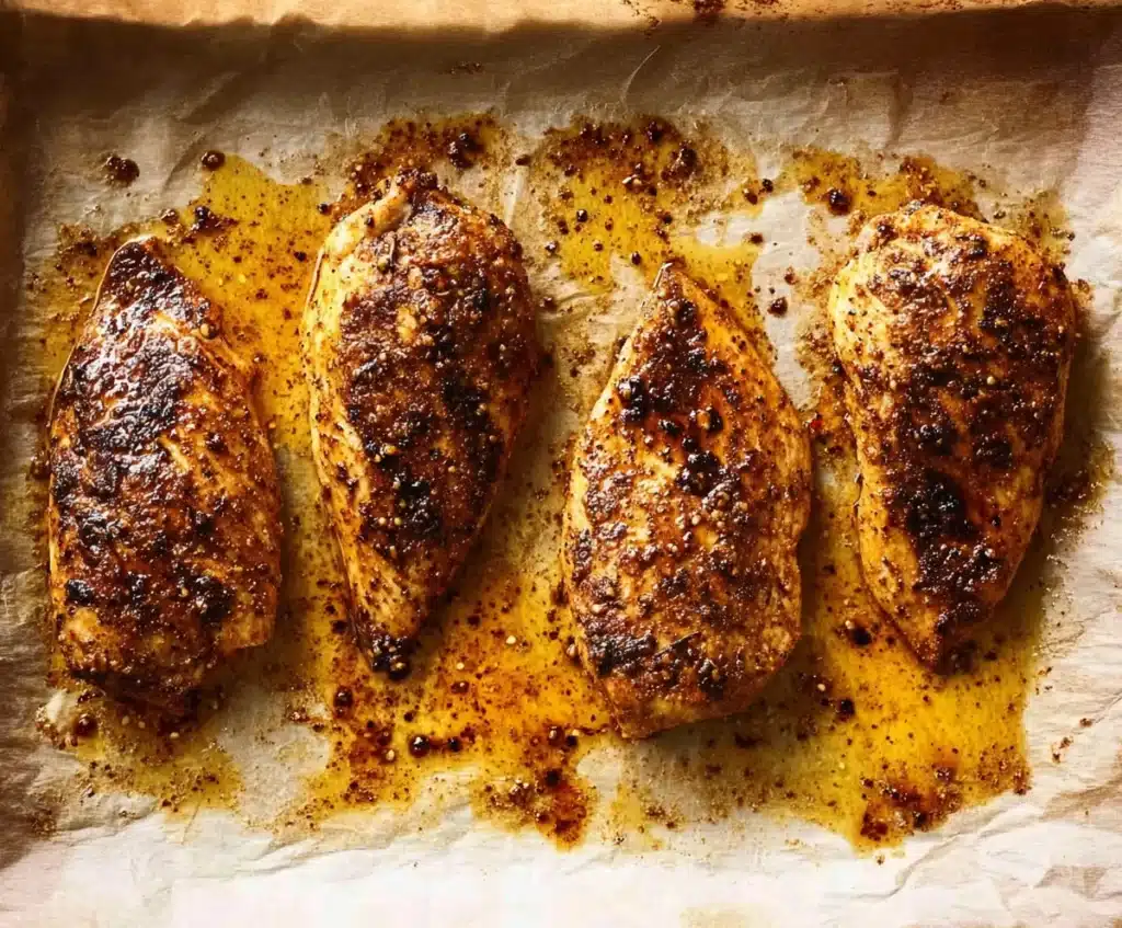 Four golden-brown oven-baked chicken breasts resting on parchment paper with a flavorful spice rub and juices around them.

