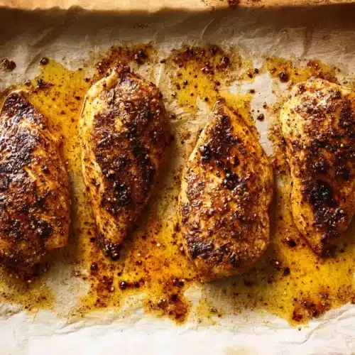 Four golden-brown oven-baked chicken breasts resting on parchment paper with a flavorful spice rub and juices around them.