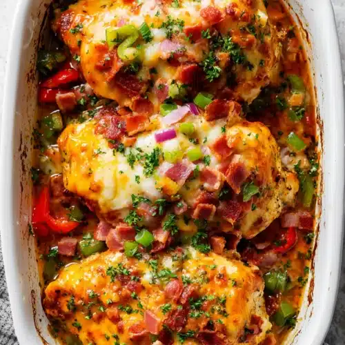 Cheesy baked crack chicken breasts topped with crispy bacon, green onions, and melted cheese in a white casserole dish.