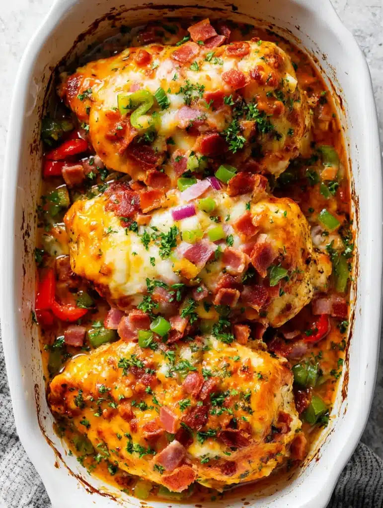 Cheesy baked crack chicken breasts topped with crispy bacon, green onions, and melted cheese in a white casserole dish.