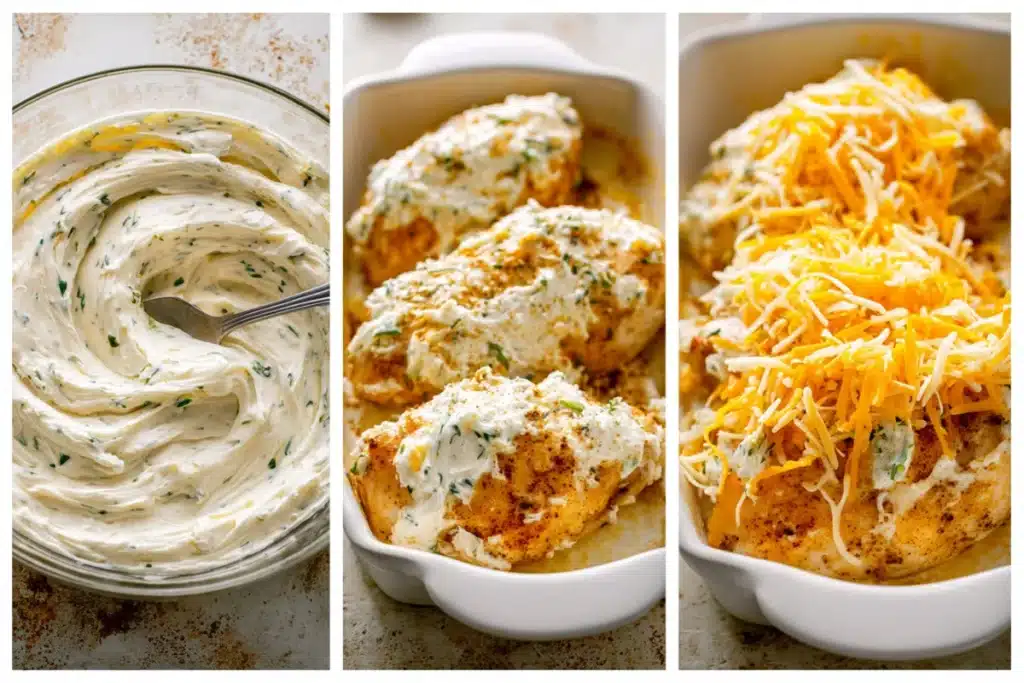 Step-by-step process of making baked crack chicken with herbed cream cheese and shredded cheddar topping.