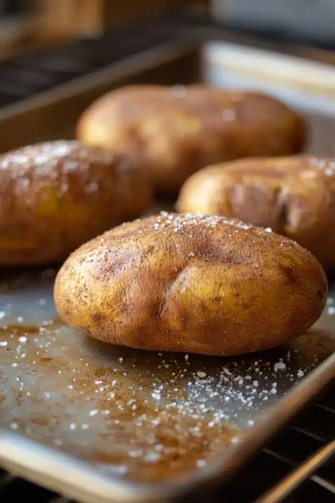 Crispy russet potatoes baked with sea salt on a metal tray, ready for slicing or serving as a hearty side dish