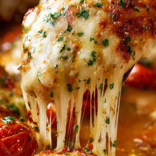 Juicy baked chicken breast topped with melted mozzarella cheese and herbs in a rich balsamic glaze with tomatoes