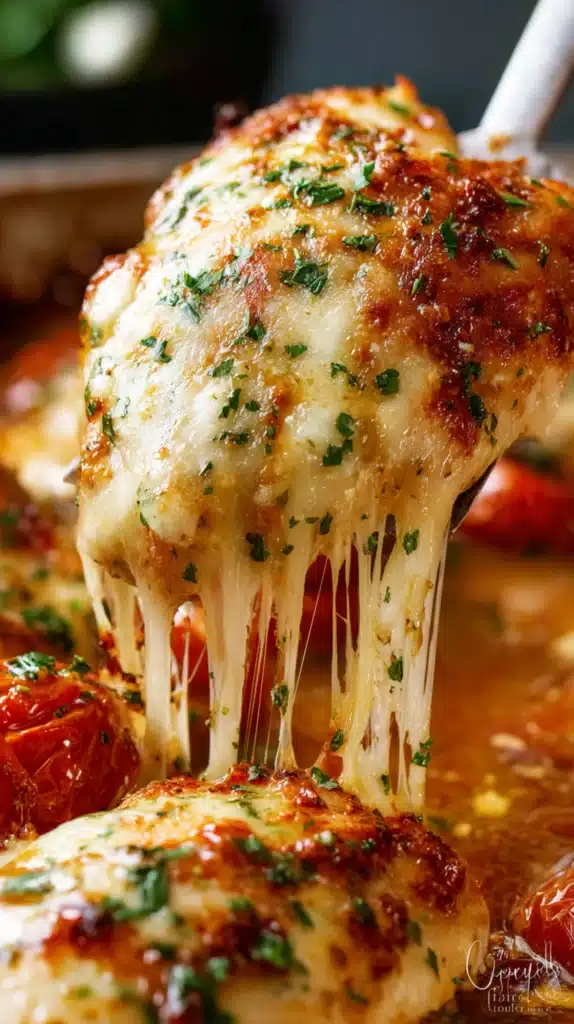 Juicy baked chicken breast topped with melted mozzarella cheese and herbs in a rich balsamic glaze with tomatoes