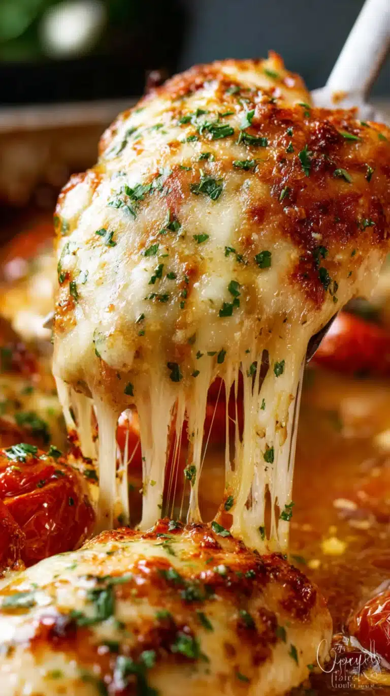Juicy baked chicken breast topped with melted mozzarella cheese and herbs in a rich balsamic glaze with tomatoes