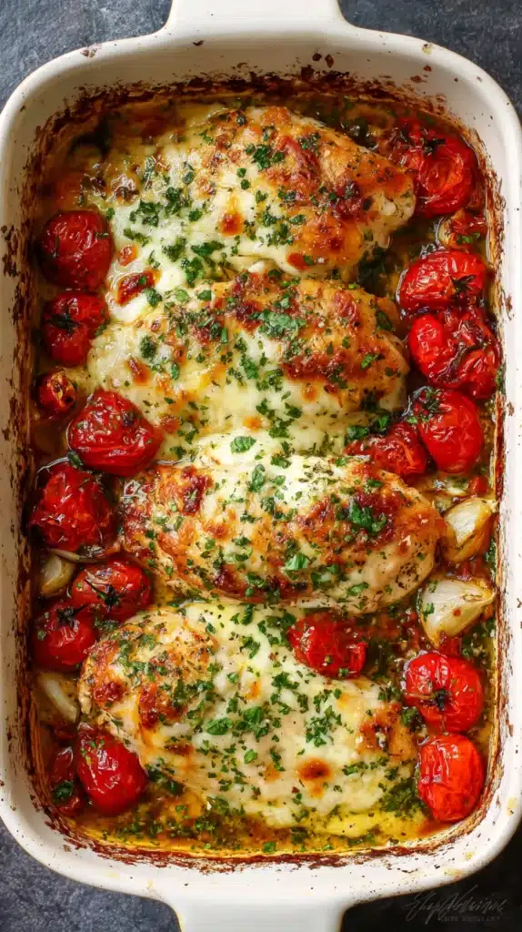 Balsamic baked chicken breasts with melted mozzarella, fresh parsley, and roasted cherry tomatoes in a white baking dish