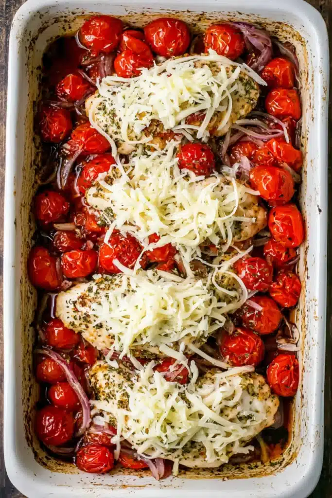 Chicken breasts topped with shredded mozzarella, surrounded by cherry tomatoes and red onions in a balsamic marinade