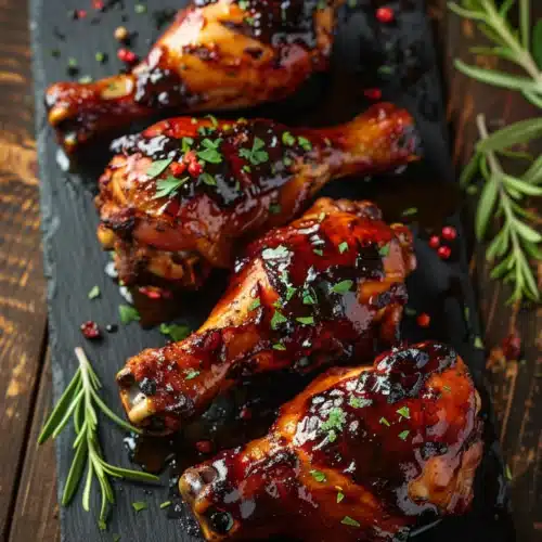 Glossy smoked chicken drumsticks glazed in barbecue sauce with fresh herbs and peppercorns on a dark slate board