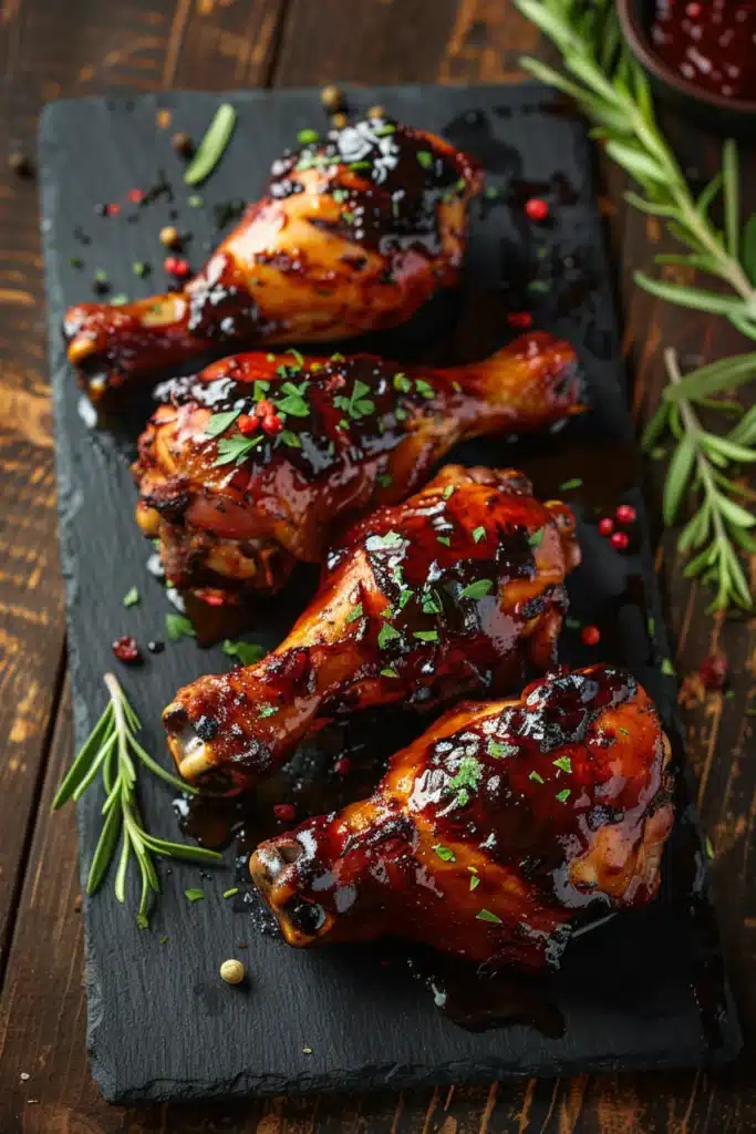 Glossy smoked chicken drumsticks glazed in barbecue sauce with fresh herbs and peppercorns on a dark slate board