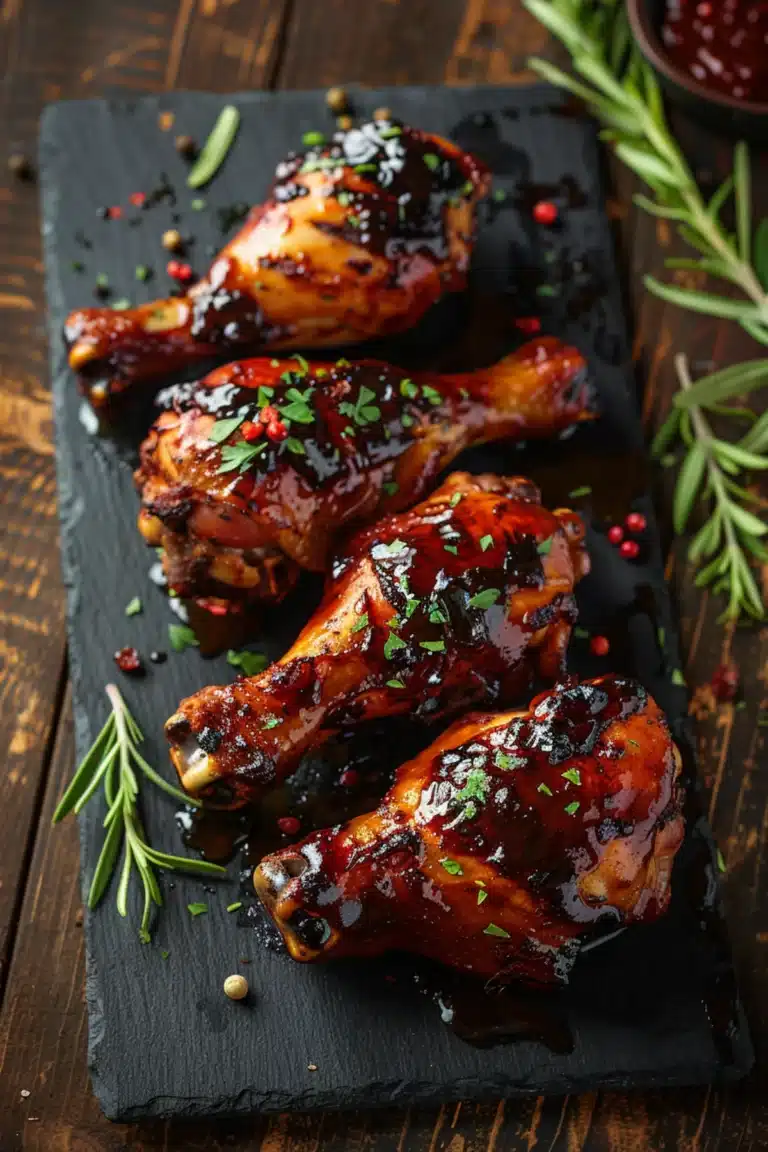 Glossy smoked chicken drumsticks glazed in barbecue sauce with fresh herbs and peppercorns on a dark slate board