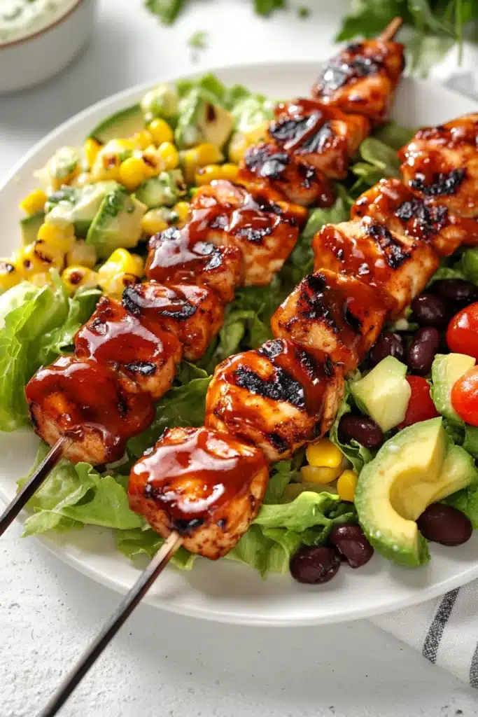 Barbecue chicken skewers on a fresh salad with avocado, corn, black beans, cherry tomatoes, and romaine on a white plate