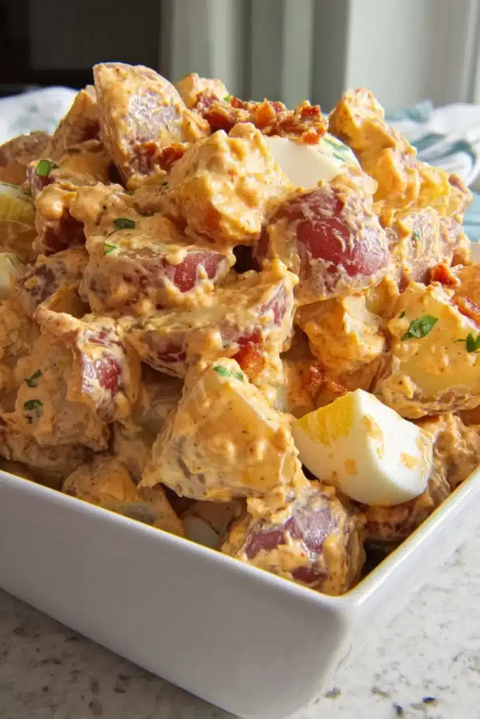 BBQ potato salad with red potatoes, smoky dressing, bacon bits, and boiled eggs in a white serving dish

