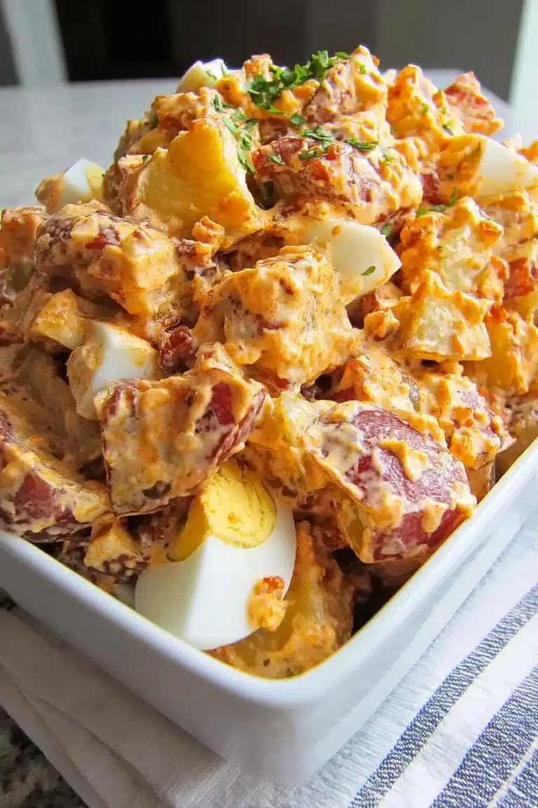 BBQ potato salad with smoky dressing, red potatoes, chopped bacon, and sliced boiled eggs in a white dish