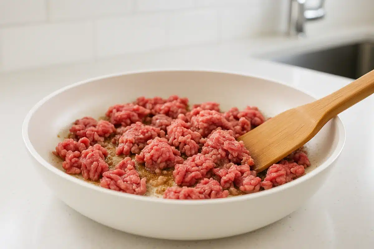 Raw ground beef cooking in a white skillet with a wooden spatula on a bright kitchen counter