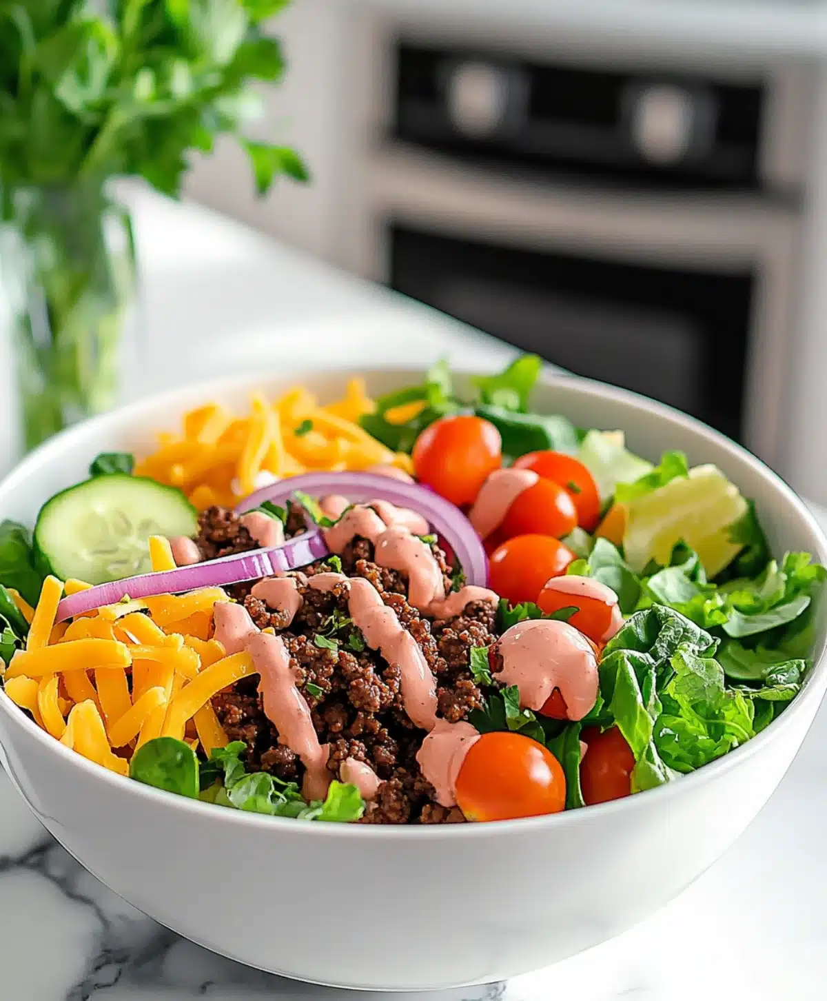 Big Mac salad served in a white bowl with beef, cheddar, veggies, and special sauce on a kitchen counter