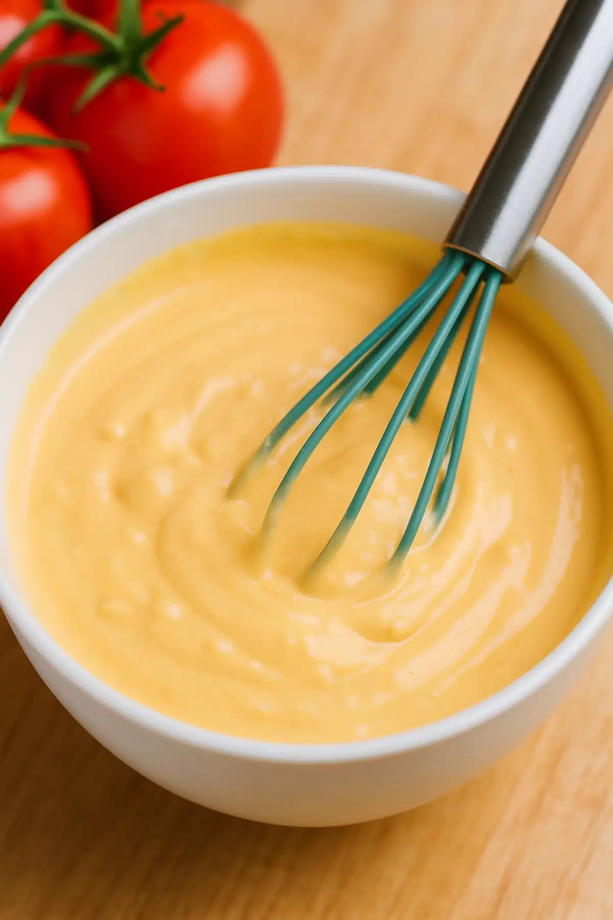 Creamy homemade Big Mac sauce in a white bowl being whisked, ready for drizzling on salad