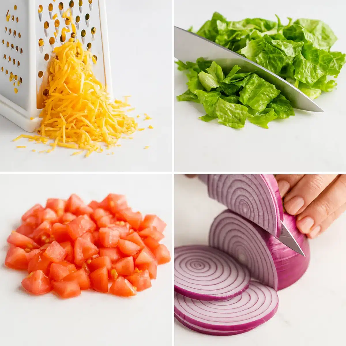 Chopped lettuce, diced tomato, sliced red onion, and shredded cheddar cheese prepared for Big Mac salad