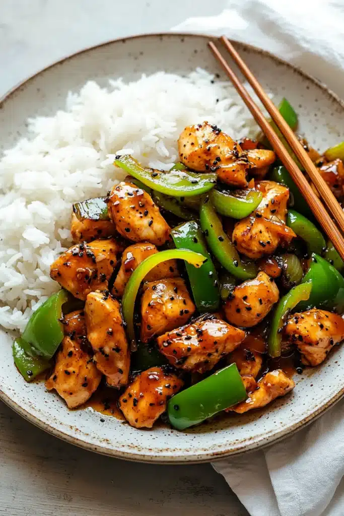 Glazed black pepper chicken with bell peppers and white rice served on a rustic plate with chopsticks.