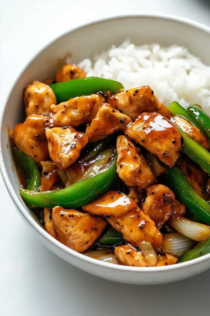 Sticky black pepper chicken stir-fry with green peppers and onions served alongside white rice in a ceramic bowl.