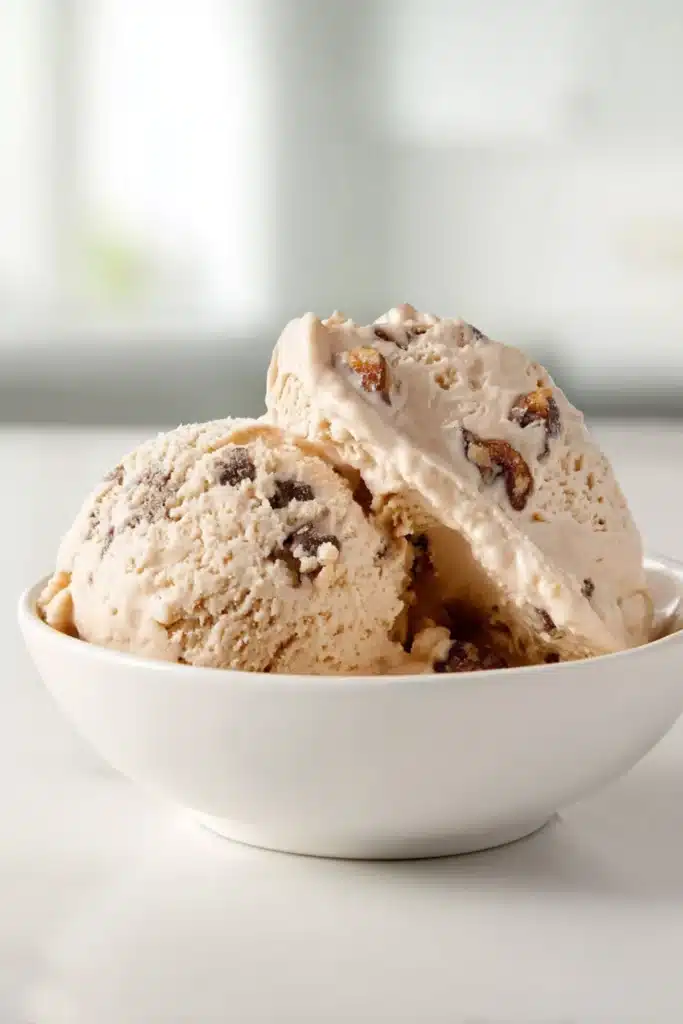 Scoops of creamy black walnut ice cream with crunchy nut pieces and chocolate chips in a white bowl