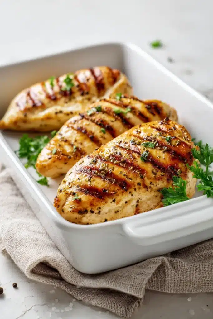 Three grilled chicken breasts with golden grill marks served in a white ceramic dish with parsley on a linen napkin