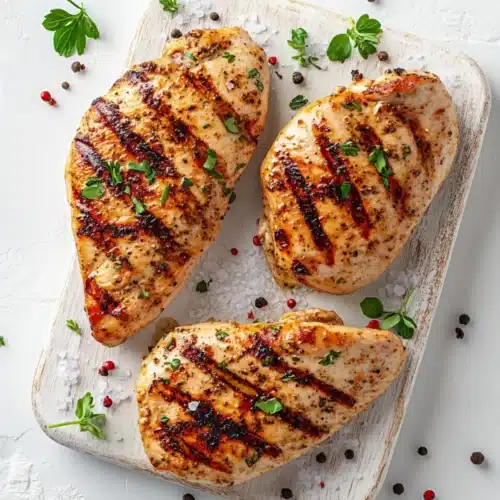 Three grilled chicken breasts with grill marks and herbs served on a rustic white board with salt and peppercorns