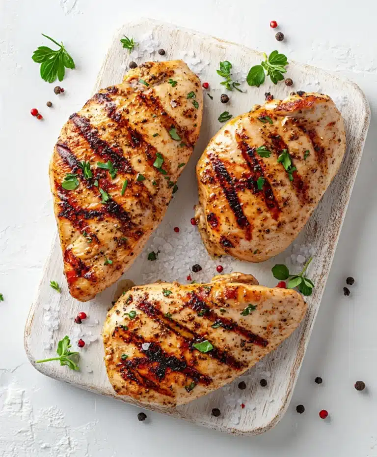 Three grilled chicken breasts with grill marks and herbs served on a rustic white board with salt and peppercorns