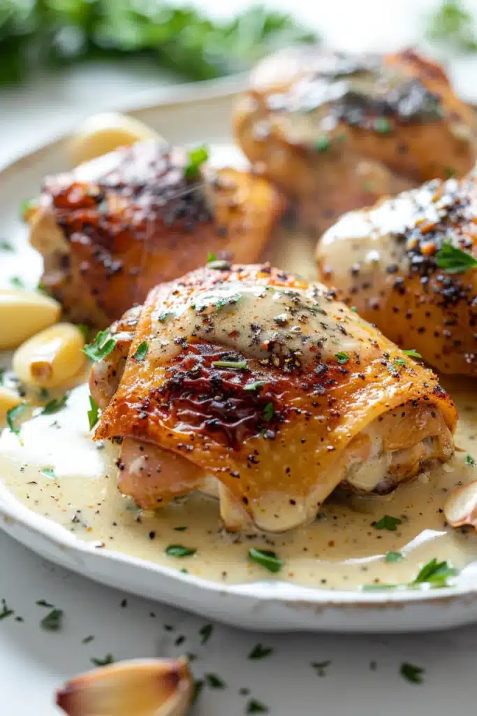 Juicy golden chicken thighs in creamy garlic herb sauce with cracked black pepper and fresh parsley on a white plate