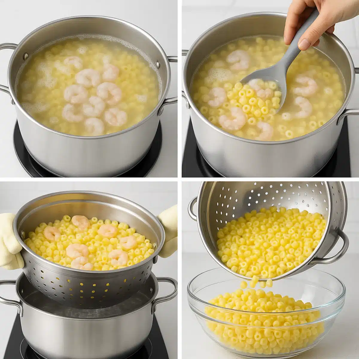 Boiling and draining ditalini pasta with shrimp shown step-by-step in a stainless steel pot and colander.