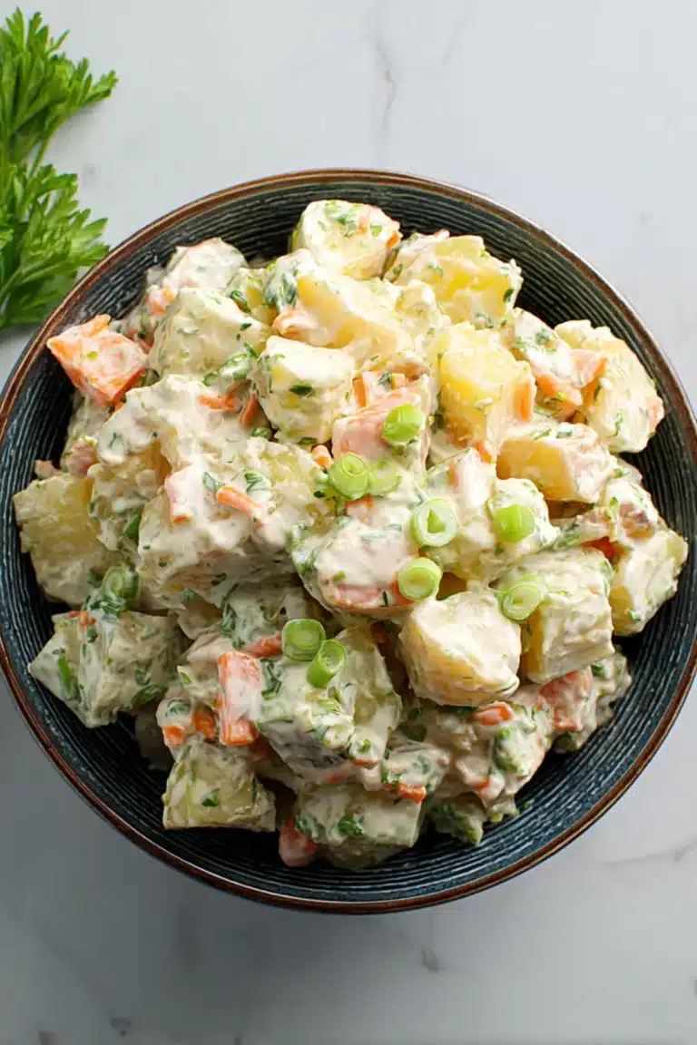 Creamy Brazilian potato salad with carrots, herbs, and scallions in a rustic bowl on a marble surface