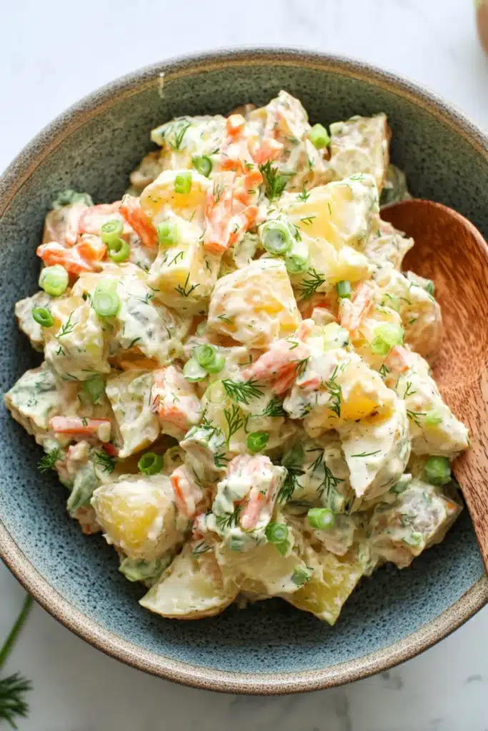 Rustic Brazilian potato salad with carrots, dill, and creamy mayo dressing in a ceramic bowl with wooden spoon