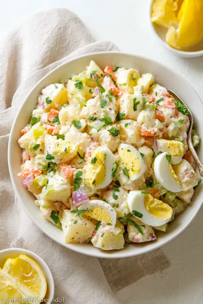 Creamy Caribbean potato salad with hard-boiled eggs, carrots, celery, and red onion in a white bowl with lemon wedges