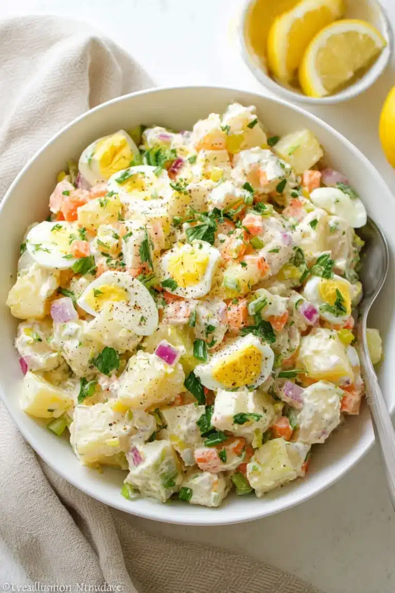 Creamy Caribbean potato salad with hard-boiled eggs, carrots, red onion, and herbs in a white bowl with lemon on the side