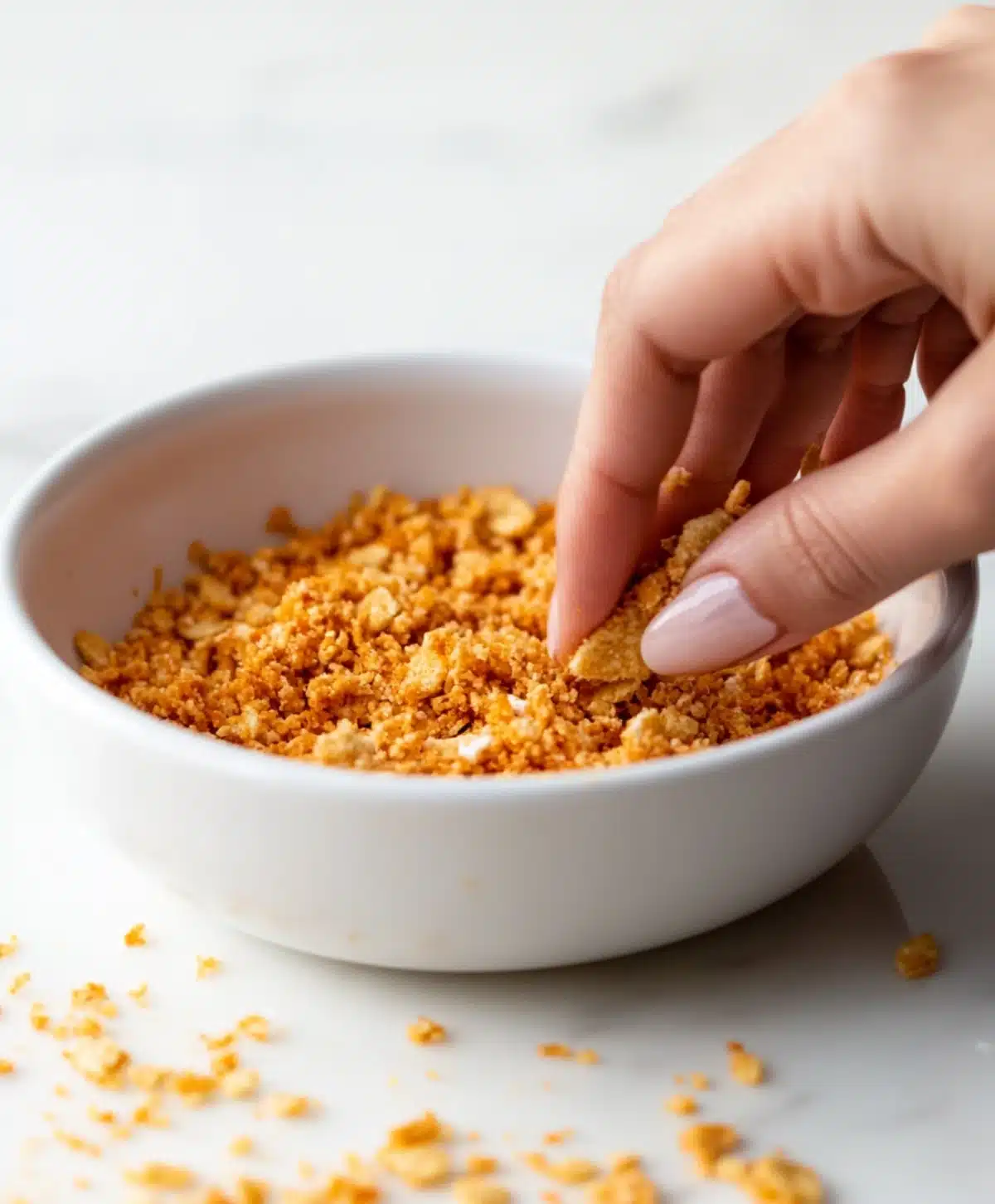 Crushed Cheez-It cracker crumbs in a white bowl with a hand picking up a piece for coating chicken