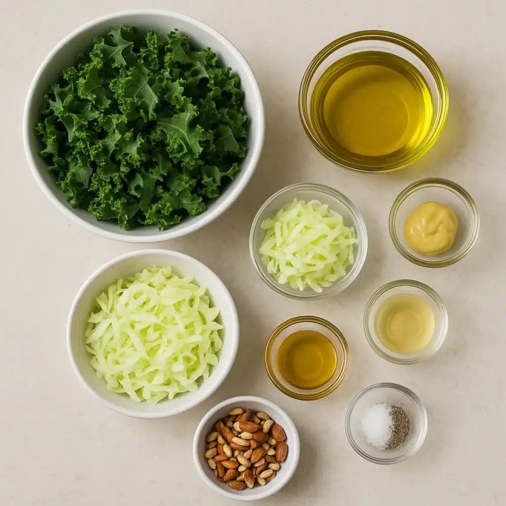 Fresh kale, shredded cabbage, almonds, and vinaigrette ingredients laid out for Chick-fil-A style kale salad preparation