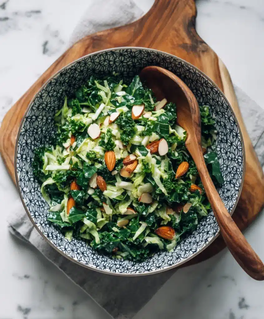 Fresh kale and cabbage salad topped with almonds served in a bowl, inspired by Chick-fil-A's kale crunch salad