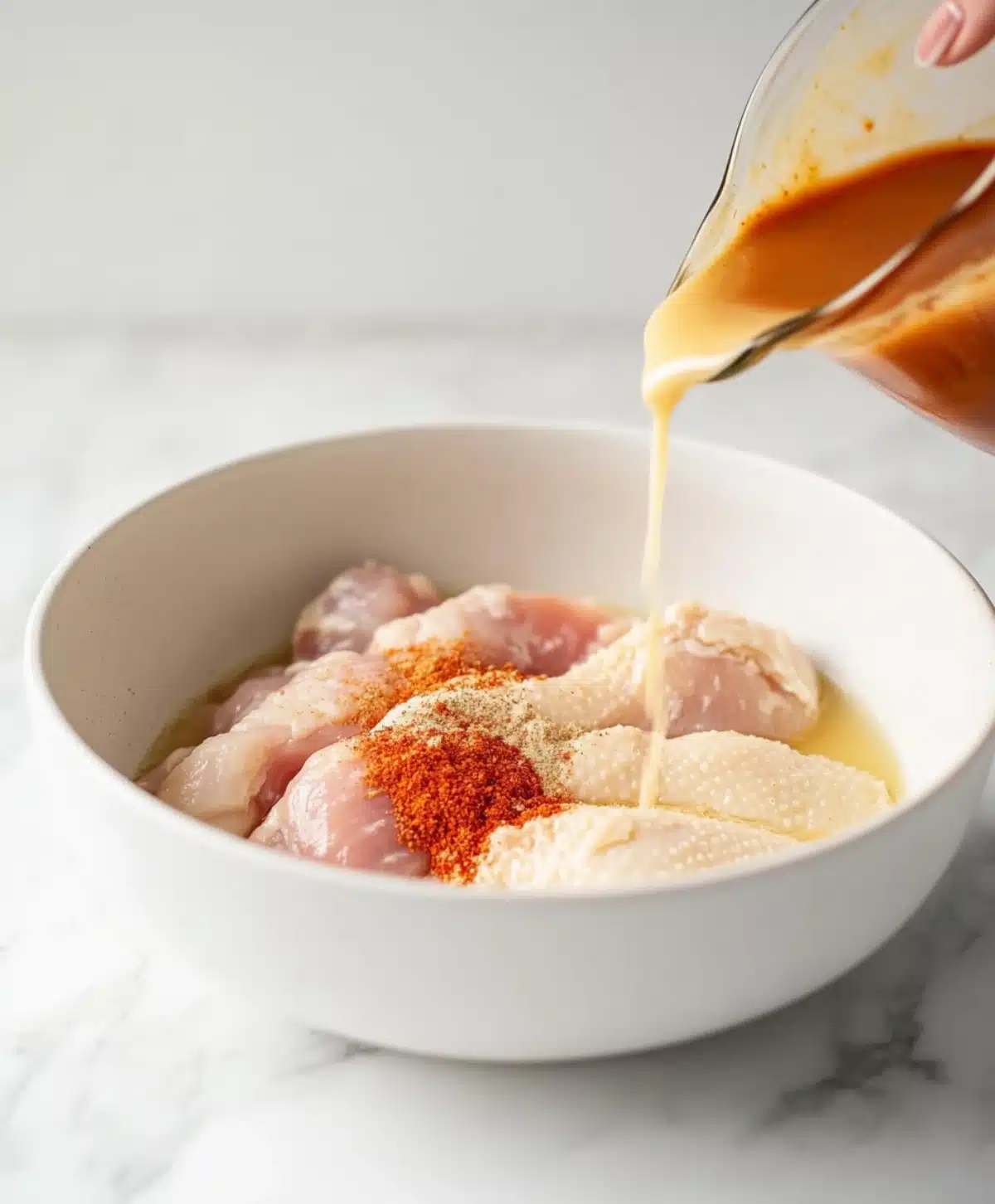 Pouring cheesy seasoned marinade over raw chicken drumsticks in a white bowl on marble kitchen counter