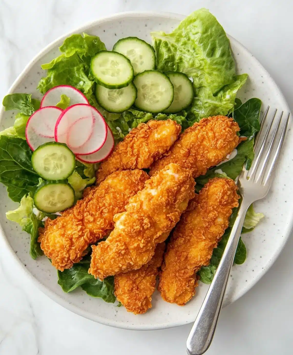 Crispy Chicken Cheez tenders served on a bed of lettuce with cucumber and radish slices on a white plate