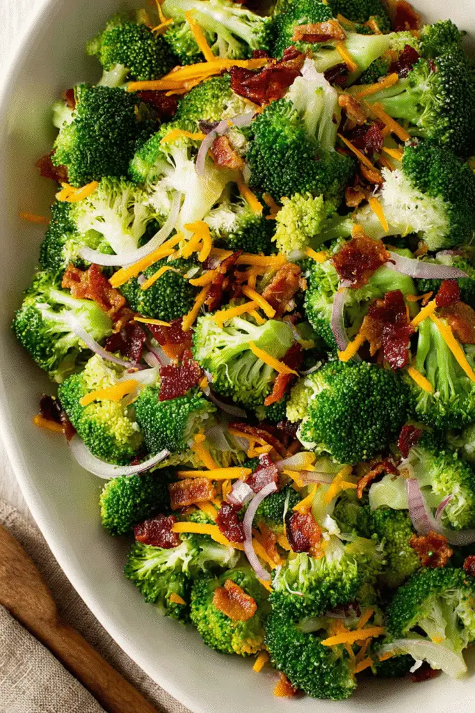 Fresh broccoli salad with crispy bacon, red onions, and shredded cheddar cheese in a white bowl.