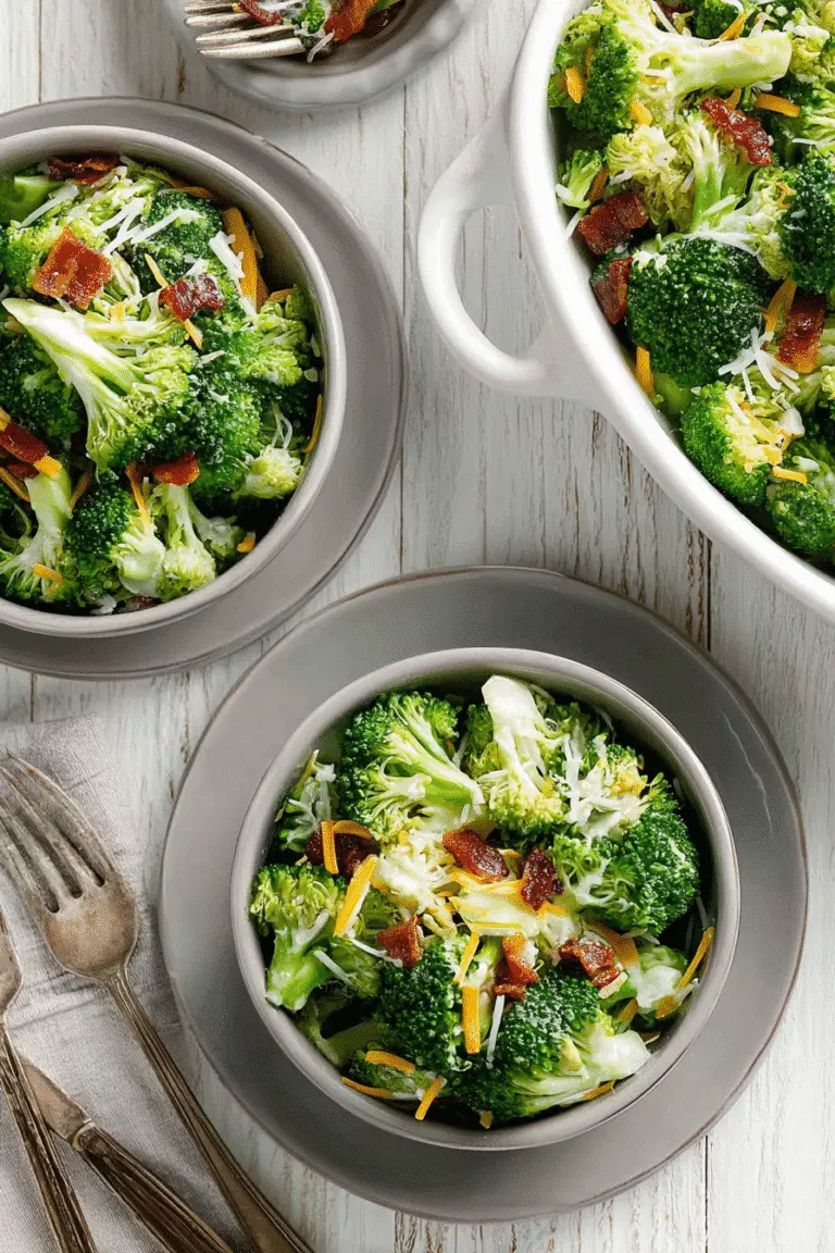 Bowls of fresh broccoli salad with crispy bacon and shredded cheddar cheese on a white wooden table.