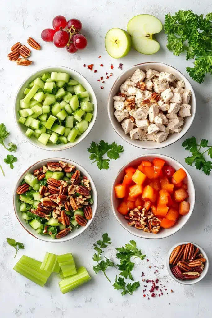 Five bowls of chicken salad with grapes, apples, celery, melon, nuts, and herbs laid out on a white background