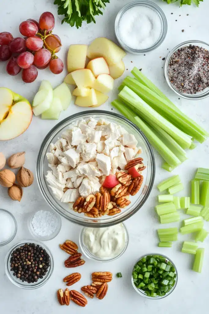 Diced chicken, apples, celery, pecans, and grapes displayed with seasonings and dressing on a white background