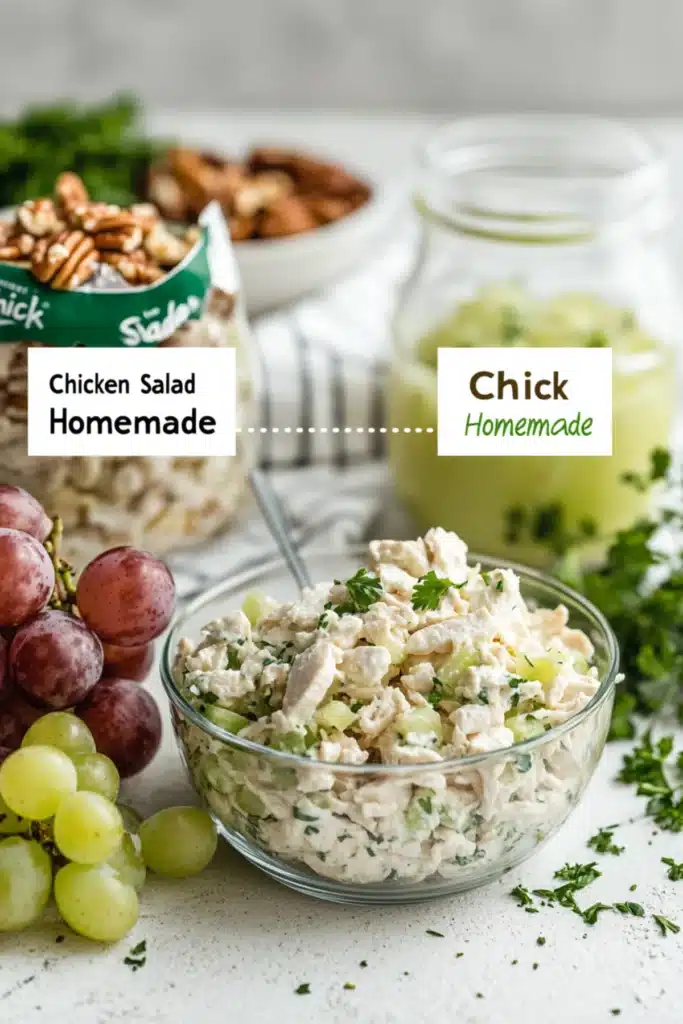 Chicken Salad Chick and homemade salad side by side with grapes and parsley on a clean white table