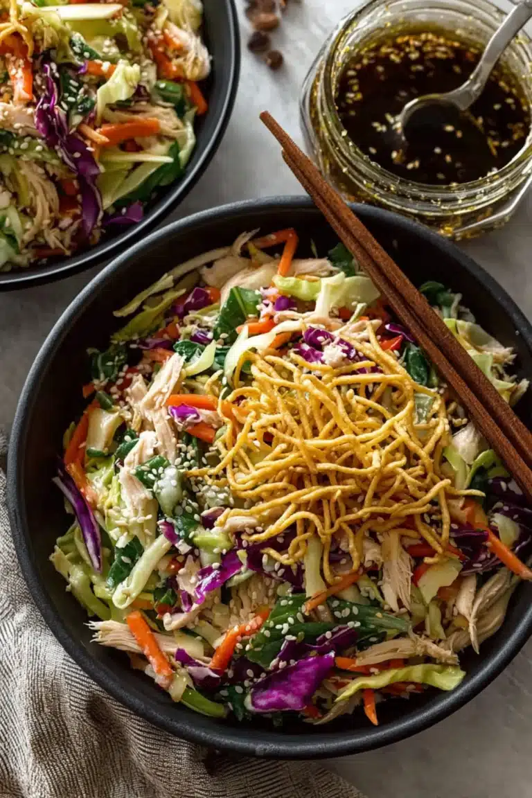 Bowl of Chinese chicken salad with shredded chicken, cabbage, sesame seeds, and crispy noodles.