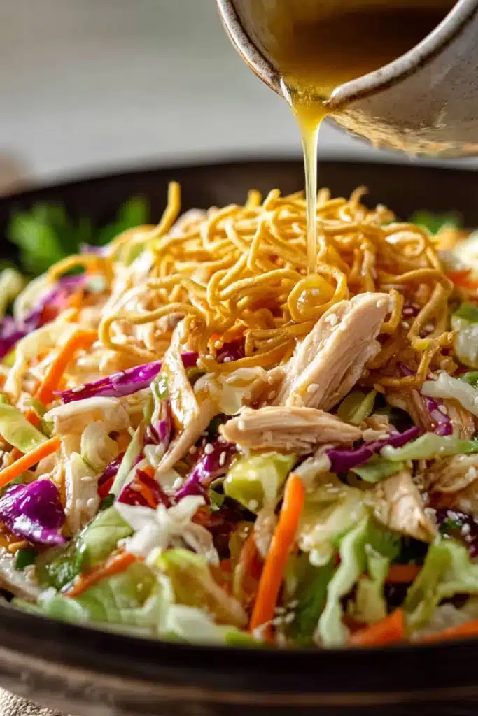 Fresh Chinese chicken salad with crispy noodles, shredded chicken, and colorful vegetables topped with dressing.