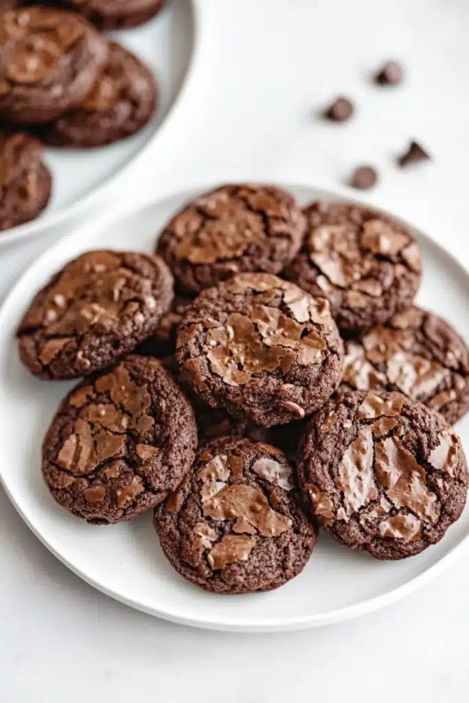 Chocolate brownie cookies with crackly tops, stacked on a white plate, rich and fudgy texture, perfect for dessert lovers.