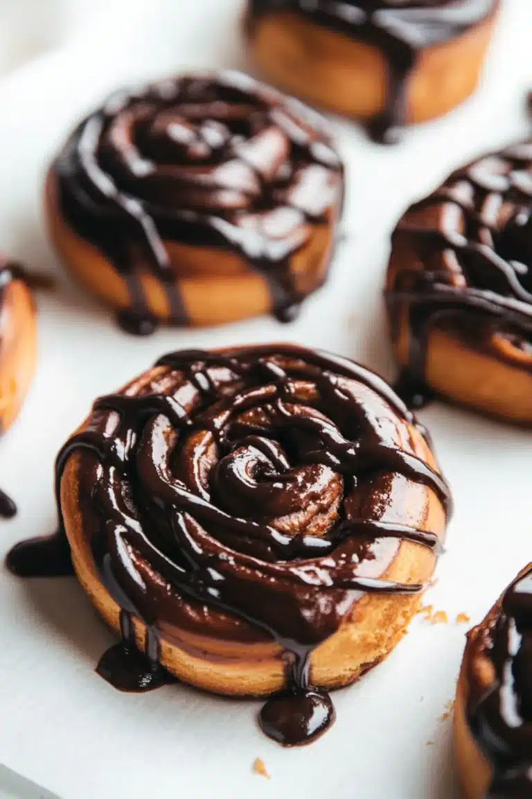 Warm chocolate cinnamon rolls drizzled with rich glossy chocolate glaze on a white counter, soft and gooey texture close-up.