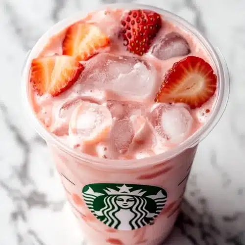 Close-up of creamy Starbucks pink drink with ice cubes and fresh strawberries on marble counter, bright and refreshing appearance.
